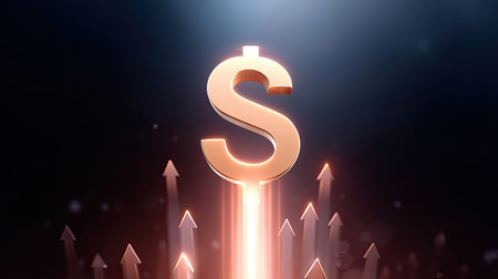 A captivating image of a golden dollar sign surrounded by ascending arrows, representing financial growth, wealth, and success in business and investments.の素材