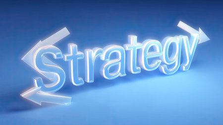 This image features a modern 3D design of the word 'Strategy' rendered in transparent text with directional arrows. It presents a clean and professional look suitable for business and planning concepts.の素材
