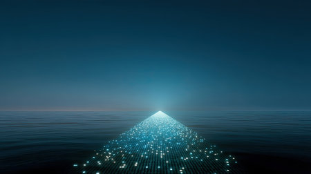 A stunning depiction of a light beam stretching over calm water at dusk, creating an enchanting atmosphere with a gradient sky reflecting tranquility and beauty.の素材