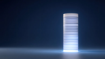 This image showcases a modern sculptural column design illuminated softly in blue light, emphasizing layered patterns and minimalist aesthetics. Perfect for decor ideas.の素材