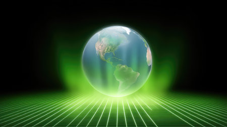 A captivating visual of a digital globe representing Earth, radiating a glowing green light against a grid background, symbolizing innovation and technology.の素材