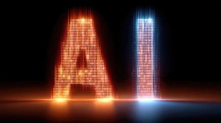 This image showcases a vibrant digital representation of AI, featuring glowing letters made of binary code against a dark backdrop, symbolizing technology advancements.の素材