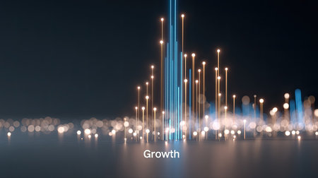This abstract image depicts growth through glowing lines and lights, symbolizing progress and innovation in a dynamic and visually engaging manner.の素材