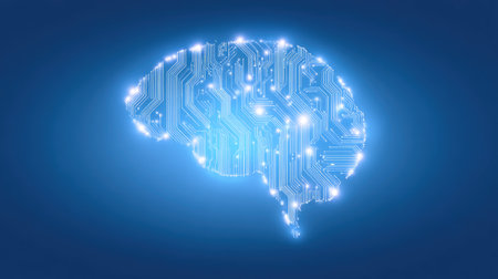 This digital artwork depicts a brain formed from intricate circuit patterns, illuminated by glowing lights, symbolizing technology and intelligence in a modern world.の素材