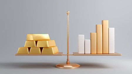 A visually striking balance scale showcases gold bars alongside a rising graph, symbolizing wealth and investment strategies in the financial world.の素材