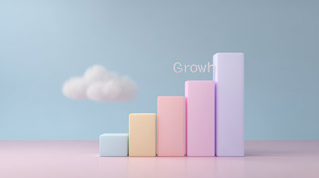 This colorful bar graph symbolizes growth and progress against a soft background, featuring a cloud for a whimsical touch. Perfect for business-related visuals.の素材