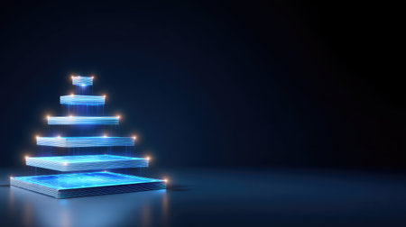 This image features a futuristic layered structure enhanced by blue lights and digital effects, set against a dark background, ideal for modern design projects.の素材