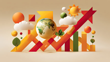 Vibrant 3D geometric shapes depict elements of nature and the Earth, symbolizing growth, sustainability, and creativity in a visually engaging manner.の素材