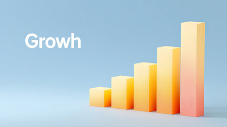 This vibrant 3D graphic depicts a growth trend through colorful bars that rise sequentially, perfect for business presentations and marketing materials.の素材