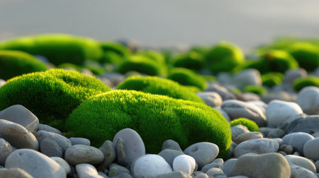 A captivating close-up image showcasing vibrant green moss nestled among smooth pebbles, illuminated by warm natural light, creating a peaceful ambiance.の素材