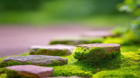 A tranquil pathway adorned with smooth stones and vibrant green moss creates a peaceful retreat. This serene outdoor scene evokes harmony with nature and relaxation.の素材
