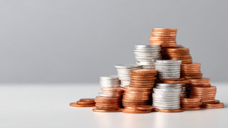 A visually appealing stack of copper and silver coins forms a pyramid shape against a light gray background, symbolizing finance and prosperity.の素材
