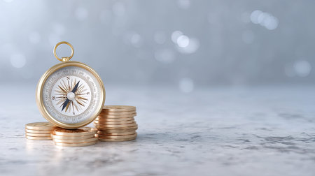 This image features a vintage compass resting on a stack of coins, set against a marble surface. The sparkling background enhances the theme of adventure and financial exploration.の素材