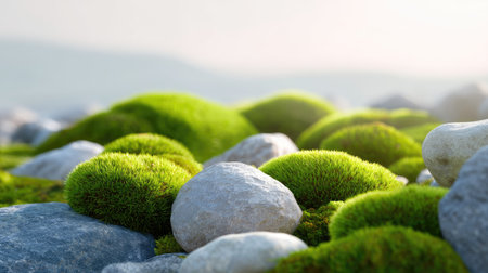 This serene image captures lush green moss enveloping smooth stones in a tranquil outdoor setting, emphasizing the beauty of nature and organic growth.の素材