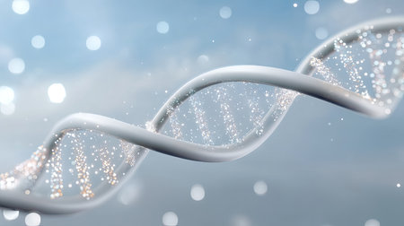 This captivating image features an elegant DNA helix strand intertwined with sparkling particles, set against a soft blue sky. Perfect for visualizing themes of genetics and science.の素材