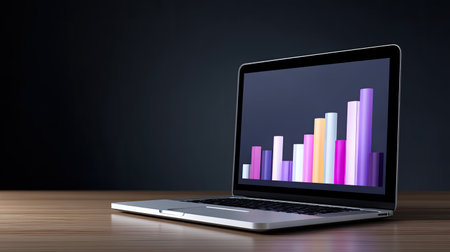 A sleek modern laptop showcasing colorful bar graphs on its screen, set against a dark background. Ideal for topics related to data analysis, business reports, and technology.の素材