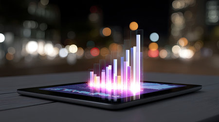 A sleek tablet showcasing a vibrant data visualization graph with growth bars against a blurred urban night backdrop, highlighting modern analytics.の素材