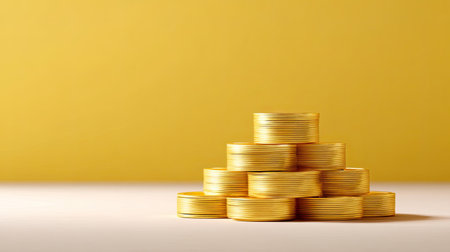 A visually appealing arrangement of golden coins stacked in a pyramid form. The soft yellow background enhances the theme of finance and wealth. Perfect for financial illustrations.の素材