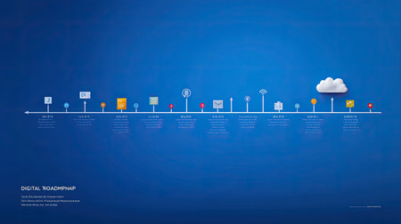 This vintage digital roadmap illustration features a blue background with various icons depicting the progression of technology over time.の素材