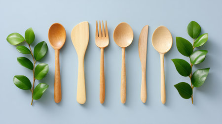 A beautiful arrangement of wooden kitchen utensils alongside fresh green leaves on a soft blue background, showcasing eco-friendly kitchen tools and minimalist design.の素材