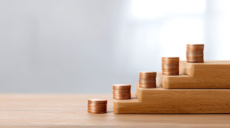 A close-up view of stacked copper coins placed on wooden steps, symbolizing the journey of financial growth, investment planning, and success in wealth management.の素材