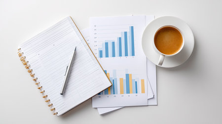 A well-arranged workspace featuring a notepad, pen, various graphs, and a cup of coffee. Ideal for business analysis, planning, and productivity enhancement.の素材