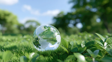 This stunning image features a crystal clear globe resting on lush green grass, reflecting the beautiful natural surroundings. The vibrant greenery and serene atmosphere emphasize themes of sustainability and environmental harmony. Perfect for eco-friendly or nature-related projects.の素材