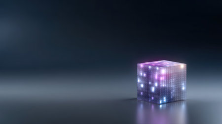 A captivating glowing cube on a smooth surface, showcasing vibrant lights in a dark environment, evoking a sense of innovation and modernity.の素材
