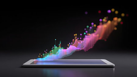 A vibrant graphical representation of data analysis emerges from a tablet device, showcasing colorful metrics and trends against a dark background, symbolizing technological advancement.の素材