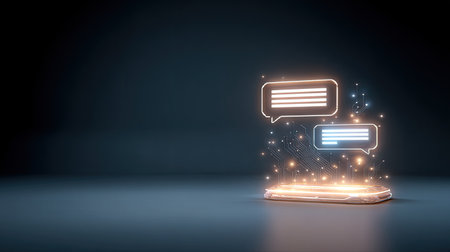 A captivating visualization of digital communication featuring glowing chat bubbles above a smartphone, illustrating modern messaging technology and virtual interaction.の素材