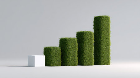 This image showcases a series of green growth bars with a grass texture set against a minimalist background, symbolizing progress and sustainability.の素材