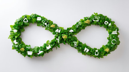 This image features a captivating infinity symbol crafted from vibrant green leaves, symbolizing sustainability and eco-friendly concepts. Immerse in the harmony of nature.の素材