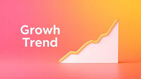 A striking visual representation of a growth trend featuring a vibrant gradient background and a stylized upward graph, symbolizing progress and success.の素材