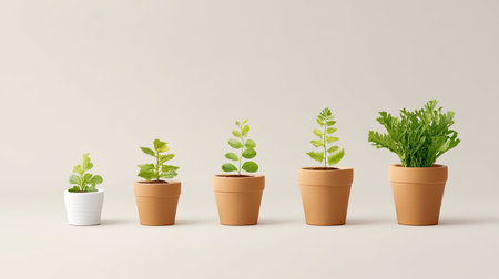 This image showcases an arrangement of various potted plants in different sizes on a soft, minimal background, ideal for home decor and gardening themes.の素材