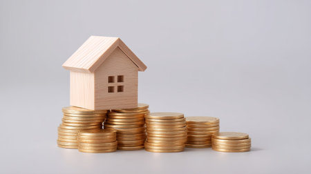 A wooden model of a house sits atop a stack of golden coins, symbolizing the concept of investment, savings, and financial planning for the future.の素材