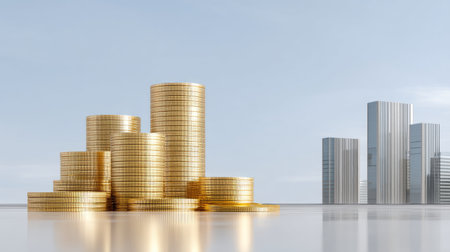 A vibrant scene featuring stacks of golden coins that represent wealth and investment sitting against a sleek modern city skyline, symbolizing financial success.の素材