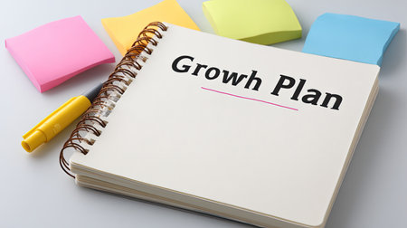 A well-organized workspace featuring a notebook titled Growth Plan, accompanied by colorful sticky notes and a yellow highlighter, ideal for brainstorming and strategic planning.の素材