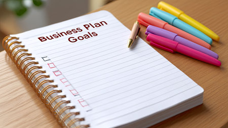 A notebook with 'Business Plan Goals' boldly displayed on its cover, accompanied by colorful markers, ideal for creative planning and goal-setting.の素材