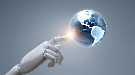 A futuristic robotic hand reaches out to touch a glowing Earth globe, symbolizing the intersection of technology and humanity in a connected world.の素材