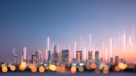 A stunning cityscape at dusk showcases modern architecture with bright lights illuminating the skyline, portraying the vibrant energy of urban life during evening.の素材