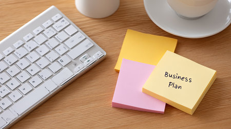 Colorful sticky notes placed on a wooden desk next to a keyboard and coffee cup, symbolizing creative planning and organization in a professional environment.の素材