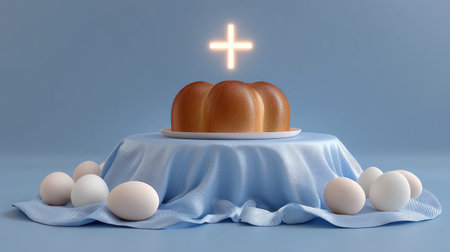 This stunning image features a beautifully baked round cake elegantly placed on a blue tablecloth, surrounded by fresh white eggs, with a glowing cross symbolizing tradition and joy.の素材