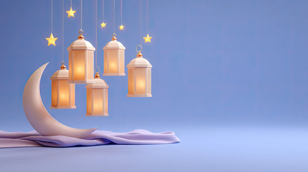 A serene and enchanting night scene featuring glowing lanterns hanging from above, a crescent moon, and soft blue background, perfect for evoking calm and tranquility.の素材