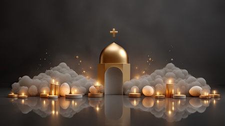 Beautiful composition featuring a golden dome with a cross, surrounded by soft eggs and glowing candles, creating a serene Easter atmosphere.の素材
