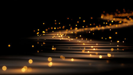 This captivating image showcases abstract golden light particles shimmering on a dark reflective surface, creating a magical and elegant atmosphere perfect for various design themes.の素材