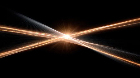 Stunning abstract image featuring elegant lines of light crossing each other, creating a radiant glow against a dark background, ideal for modern designs.の素材