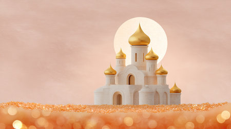 A stunning fantasy castle featuring golden domes emerges under a soft moonlight. The shimmering background adds an enchanting touch to this dreamlike scene.の素材