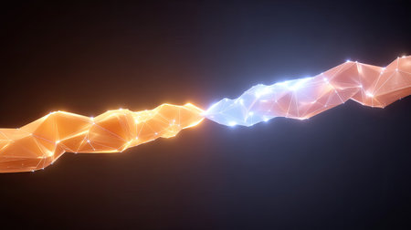 This abstract 3D visual features dynamic orange and blue lines intertwining with twinkling points of light, creating a captivating composition.の素材