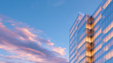 A stunning view of a modern glass building reflecting the vibrant colors of a sunset under a beautiful sky filled with clouds. Ideal for urban themes.の素材
