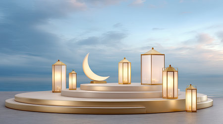 A beautiful outdoor display featuring elegant lanterns and a crescent moon on a round stage, set against a serene coastal backdrop. This scene embodies tranquility and aesthetic charm.の素材
